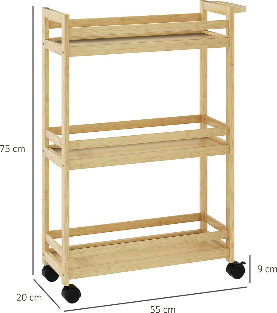 HOMCOM Raft de Baie din Bambus cu 3 Niveluri, Carucior Organizator cu Roți pentru Bucătărie, Baie, Living, 55 x 20 x 75 cm - Natural | Aosom Romania