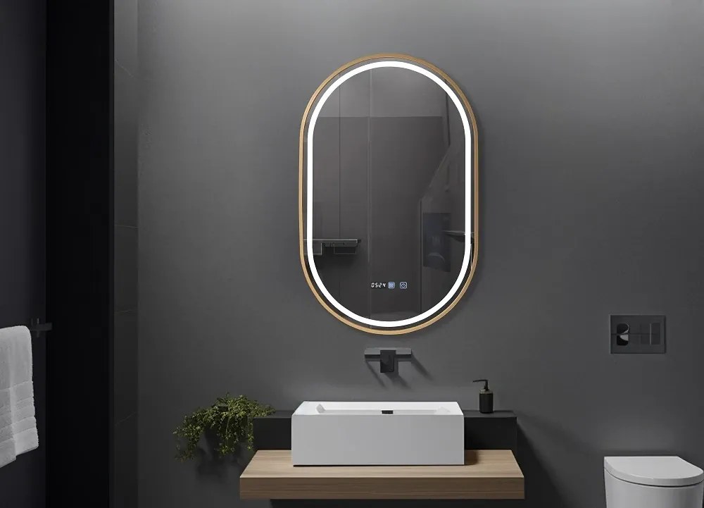 RESIGILAT- Oglinda baie, Multifuncțională, Iluminare LED 3 culori, Ceas încorporat, Sistem Dezaburire, Rama Auriu, 45x90 cm