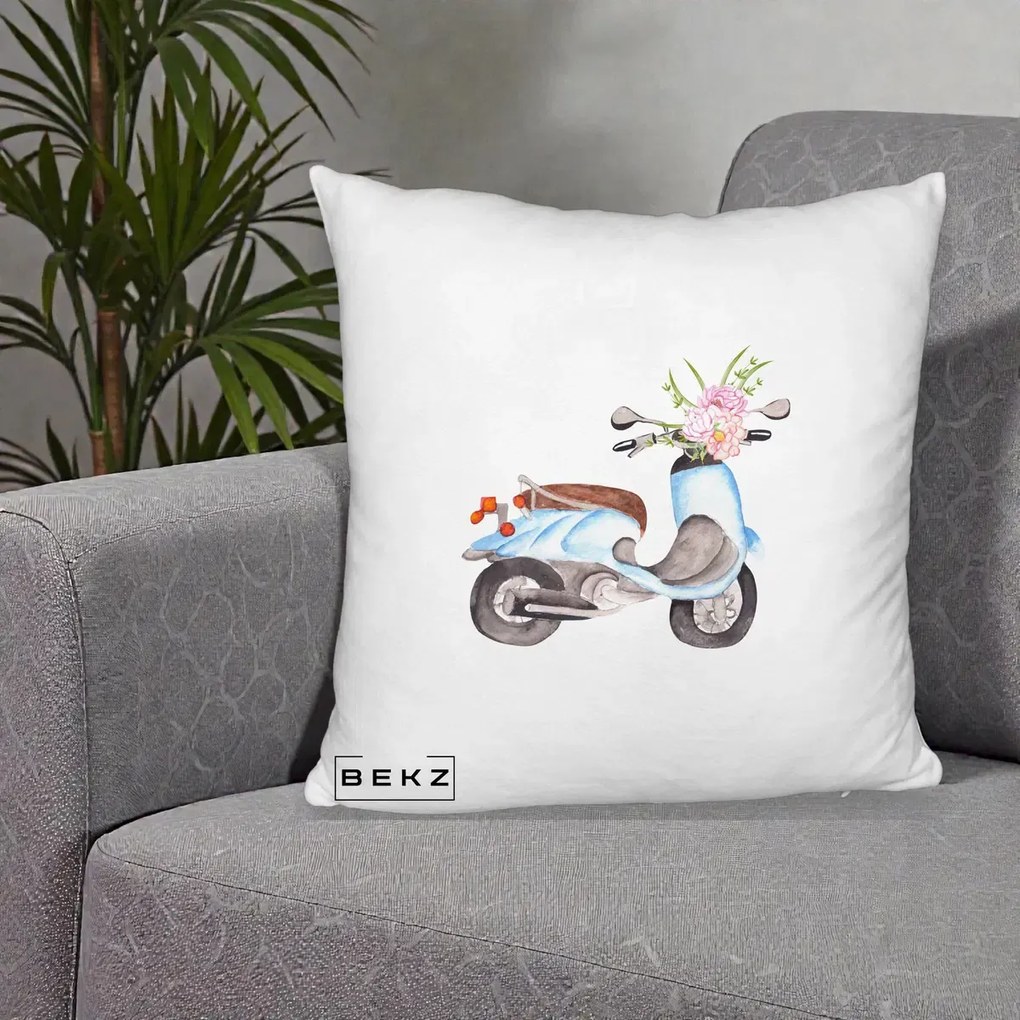 Perna Decorativa Scuter Albastru cu Flori Acuarela, 40x40 cm, Alb Pufos, Husa Detasabila, Perna Inclusa, BEKZ®