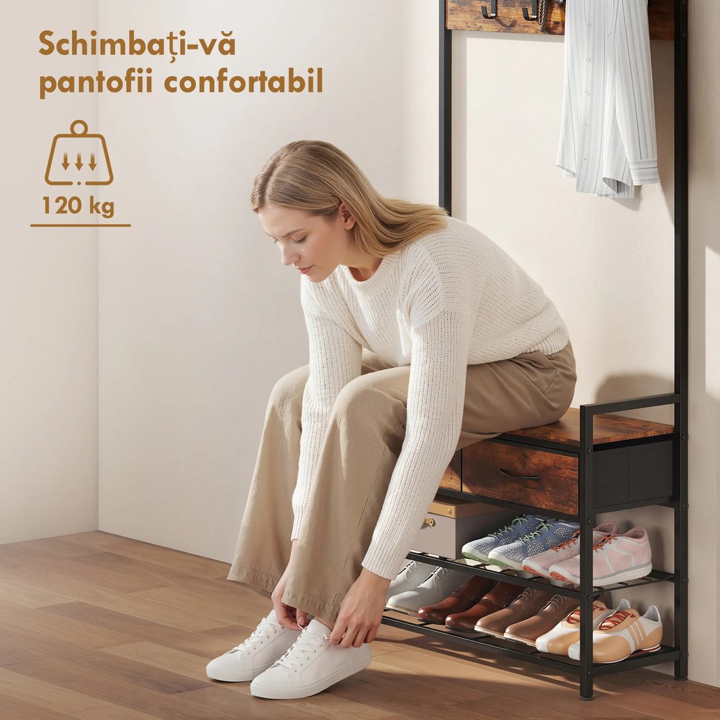 HOMCOM Cuier de Podea 5 în 1, 181,5 cm, cu Bancă și Suport pentru Încălțăminte, 10 Cârlige, Metal, Maro Rustic | Aosom Romania