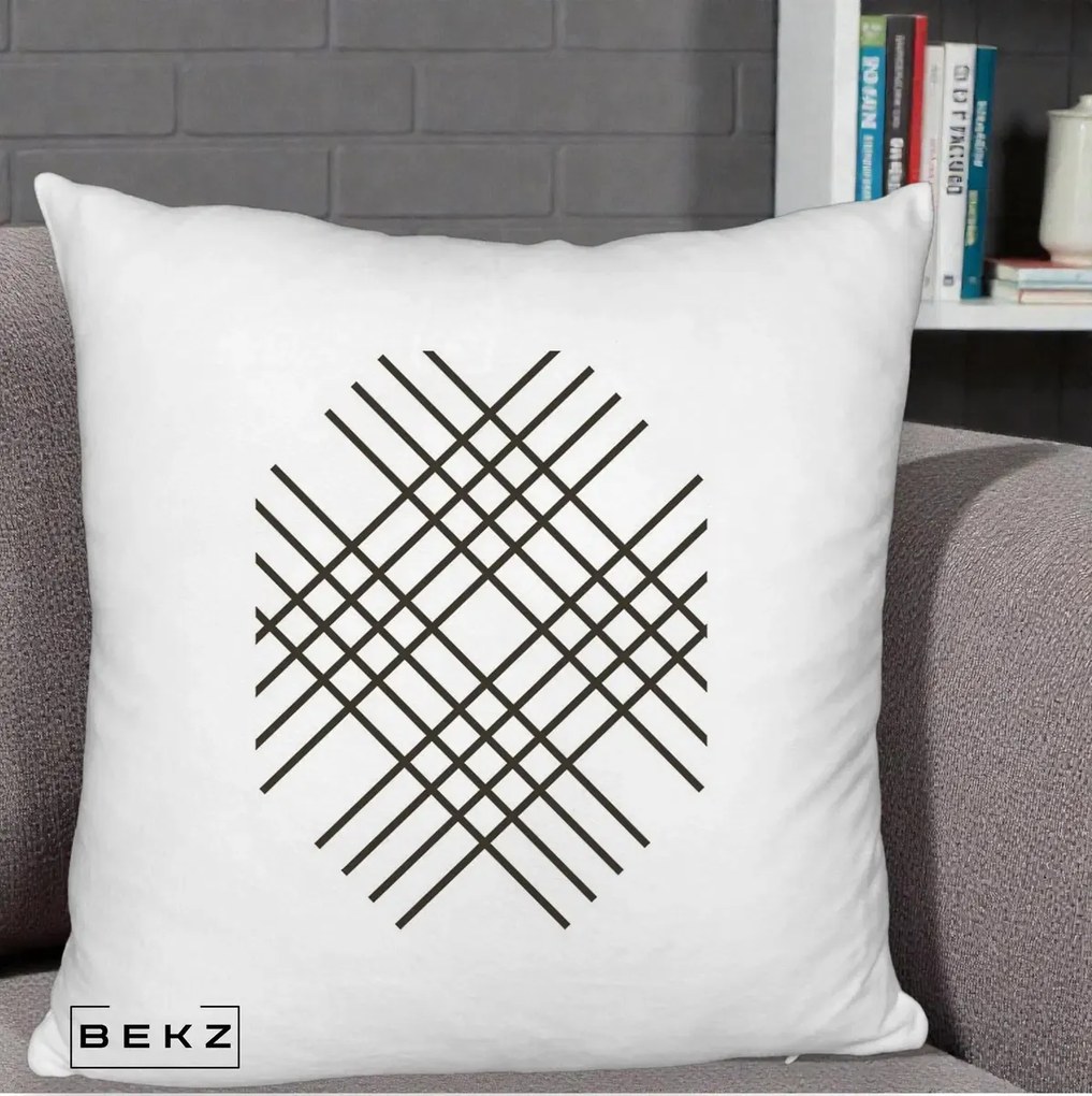 Perna Decorativa Geometric Grid, 40x40 cm, Alb Pufos, Husa Detasabila, Perna Inclusa, BEKZ®