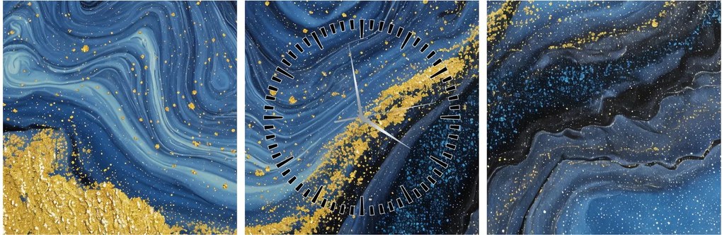 Tablou - Abstracție albastru-aurie (cu ceas) (90x30 cm)