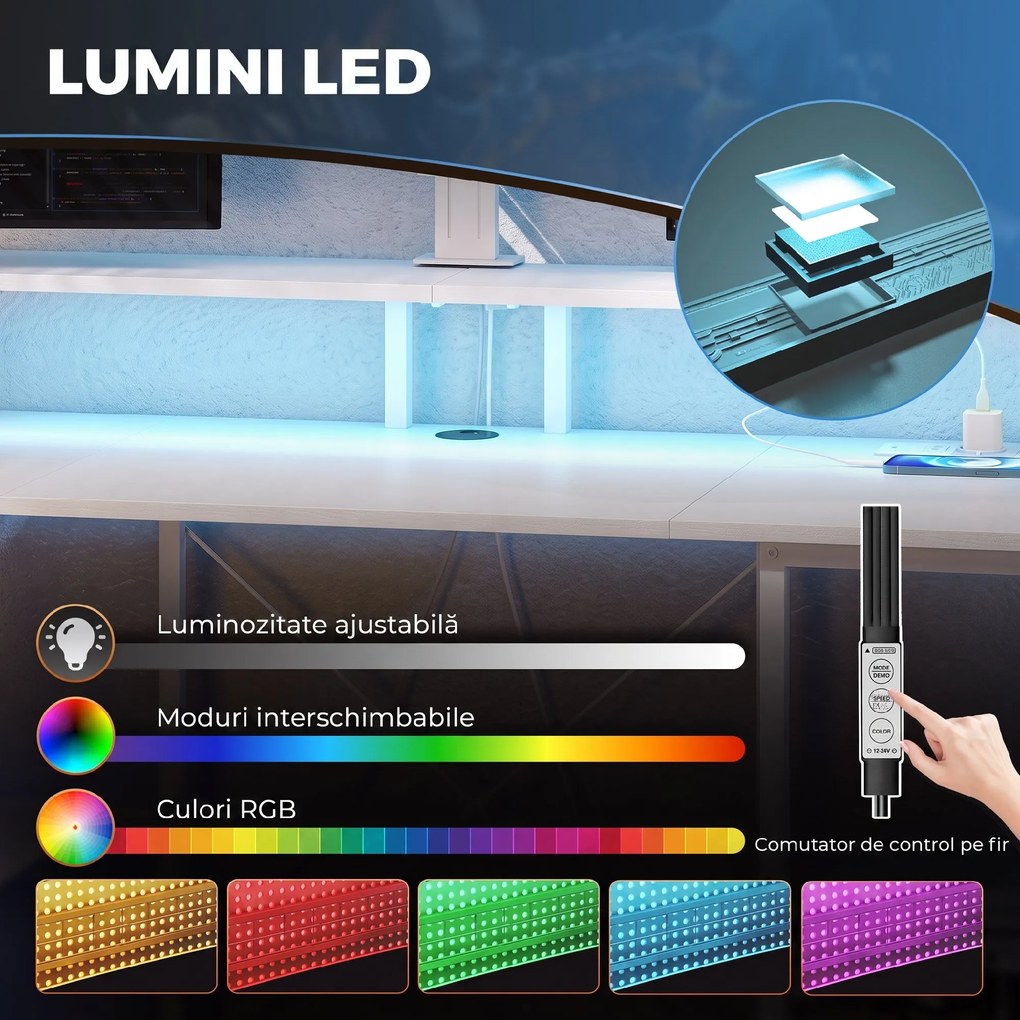 HOMCOM Birou pentru Computer Reversibil cu Rafturi, 120x50 cm, cu Prize și Lumini LED, Alb cu Efect de Lemn | Aosom Romania
