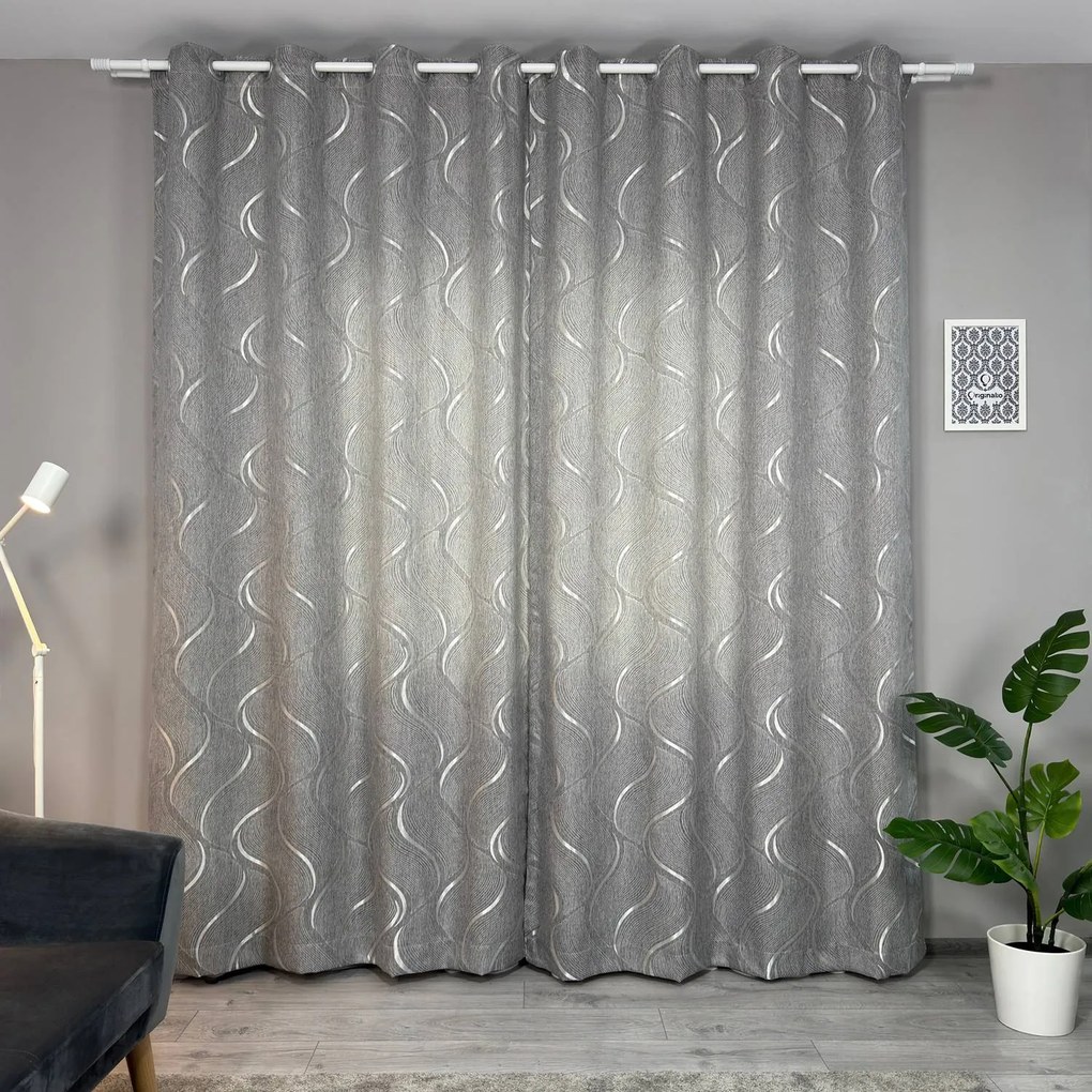 Set două Draperii (Opacitate 80%), din Stofă premium + Jacquard (Model brodat), Gata lucrate (Inele galerie), Culoare Gri + Argintiu, Dimensiuni draperie 160x260 cm (x2), Brand Originalio