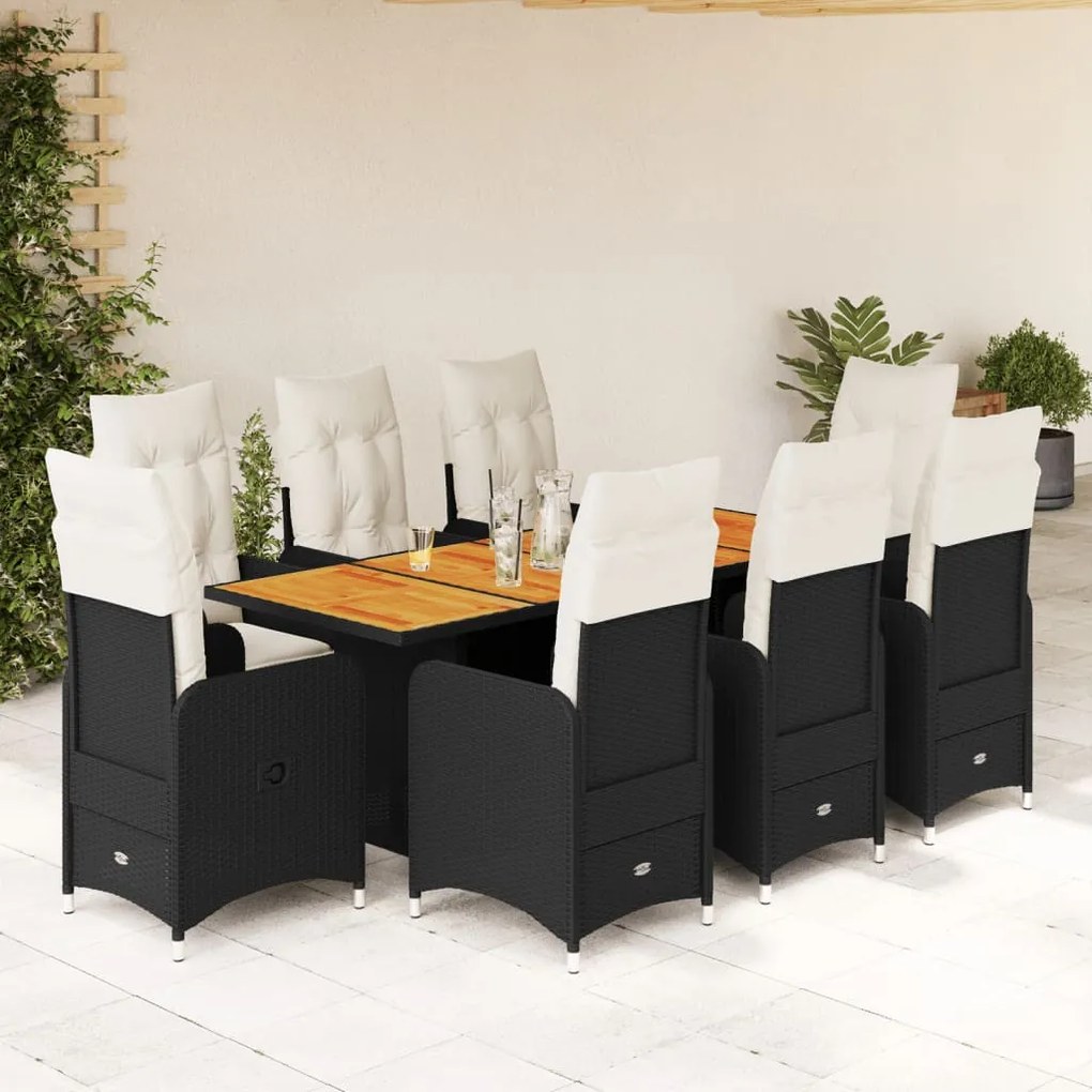 3276985 vidaXL Set bistro de grădină, 9 piese, cu perne, negru, poliratan