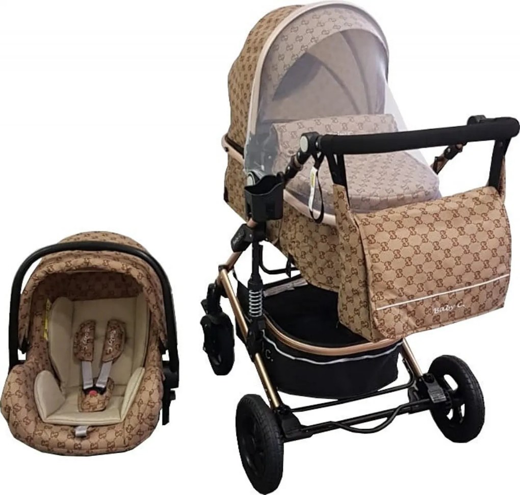 Carucior nou nascuti 3 in 1 Baby Care™ PRO 531, Cu geanta bebe, Cadru Aluminiu Gold , Amortizoare, Roti din cauciuc plin AVE, Landou, Scoica auto,