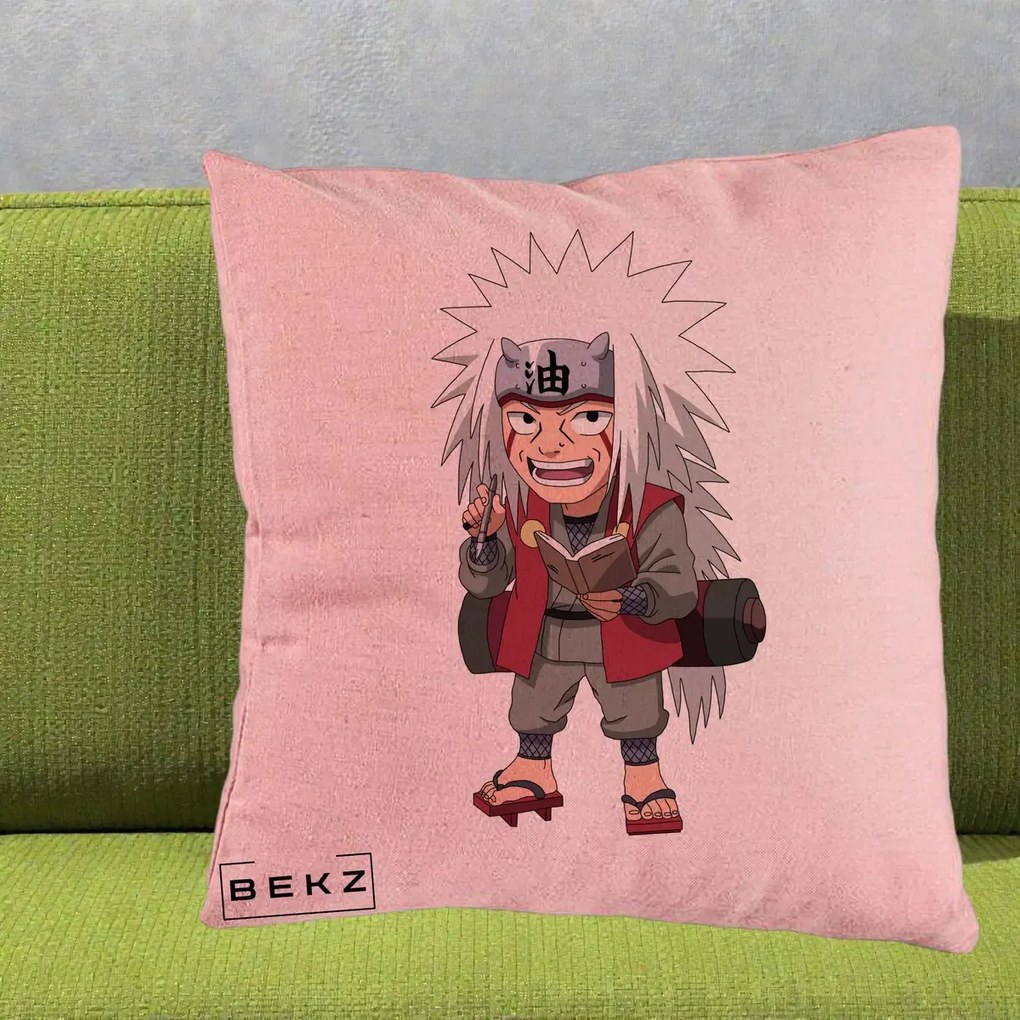 Perna Personalizata Naruto Jiraiya Sensei Chibi, 40x40 cm, Roz, Husa Detasabila, Perna Inclusa, BEKZ®