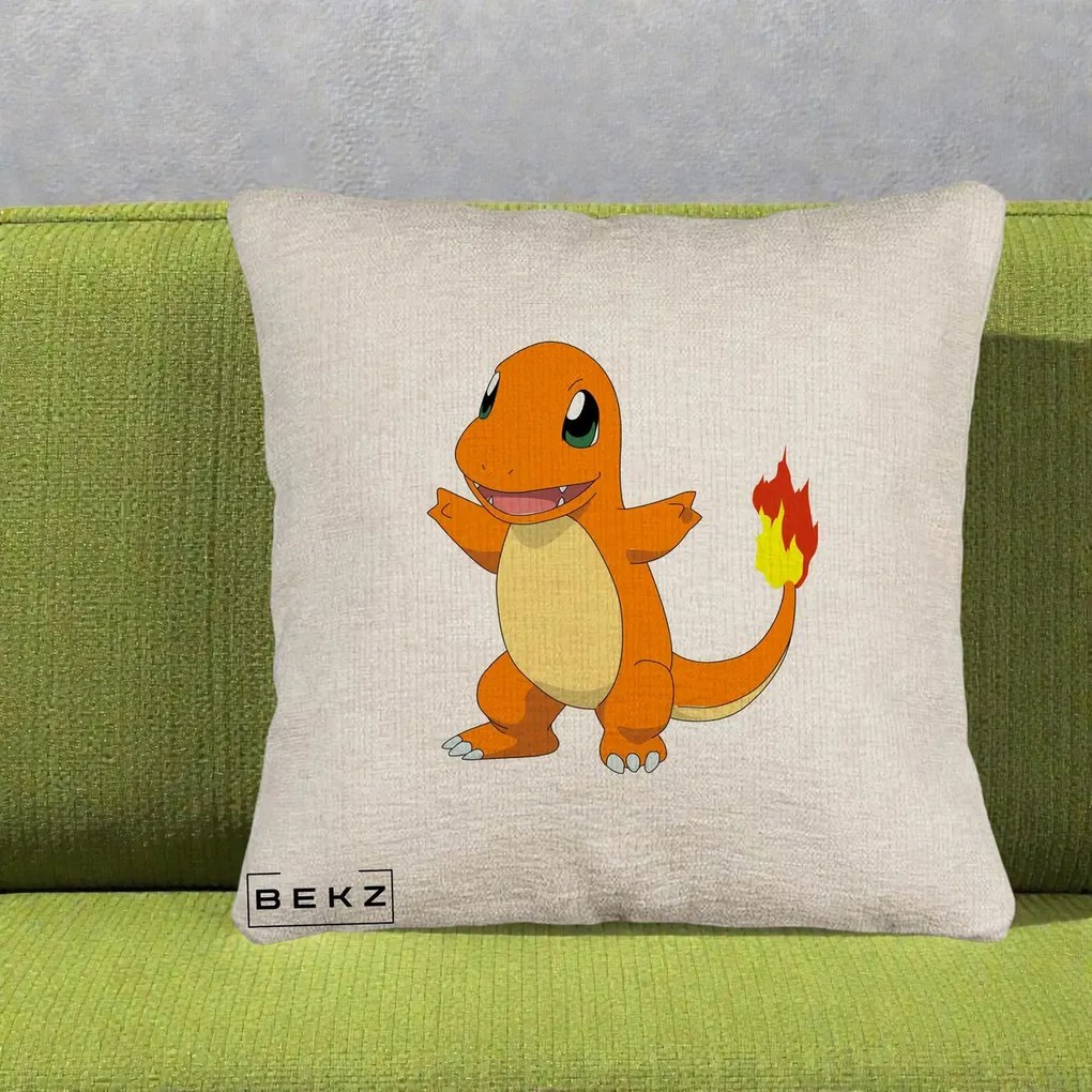 Perna Personalizata Charmander Pokemon, 40x40 cm, Bej Canapea, Husa Detasabila, Perna Inclusa, BEKZ®