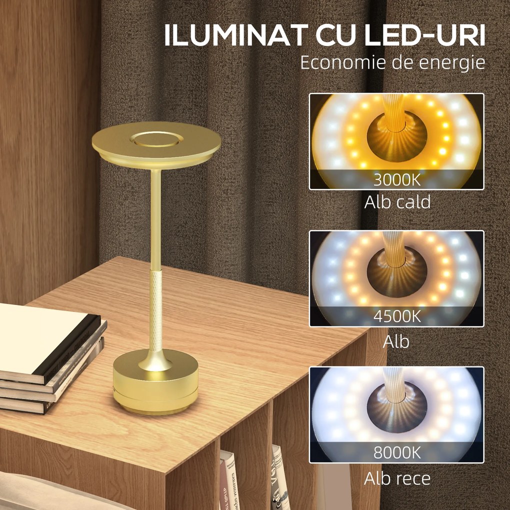 HOMCOM Lampă de Masă Tactilă cu LED, Lampă de Noptieră fără Fir cu Baterie Reîncărcabilă și 3 Tonuri de Lumină, Ø13x28,5 cm, Auriu | Aosom Romania