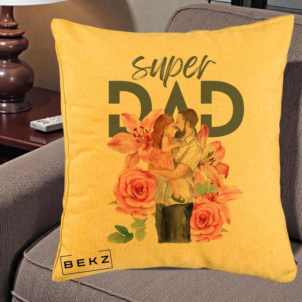 Cadou pentru Tata - Perna Personalizata Super Dad Tata cu Fetita si Flori, 40x40 cm, Galben, Husa Detasabila, Perna Inclusa, BEKZ®