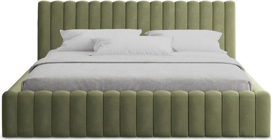 Pat matrimonial verde tapițat cu spațiu de depozitare cu somieră 180x200 cm Lemi – Makamii
