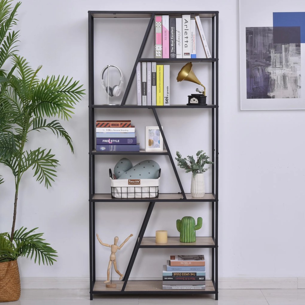 HOMCOM Biblioteca cu 9 Rafturi Trapezoidale Deschise Lemn, Atirasturnare, Cadru din Metal, Negru, 100x30x182cm
