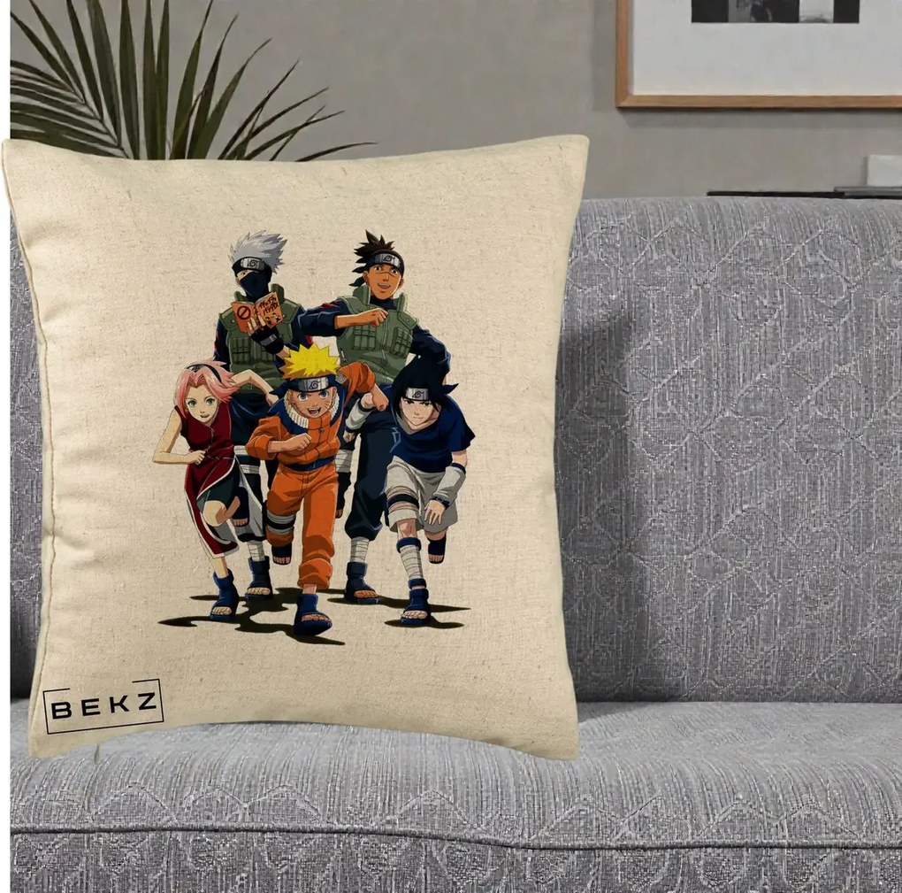 Perna Personalizata Naruto Echipa 7 Kakashi Sensei, 40x40 cm, Bej, Husa Detasabila, Perna Inclusa, BEKZ®
