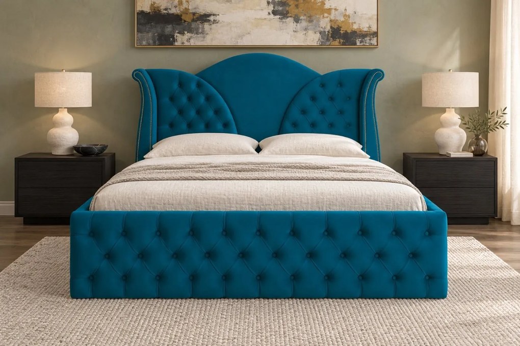 Pat tapițat Chesterfield din catifea Velora Deluxe Classic 160×200 cm, turcoaz, cu ladă de depozitare