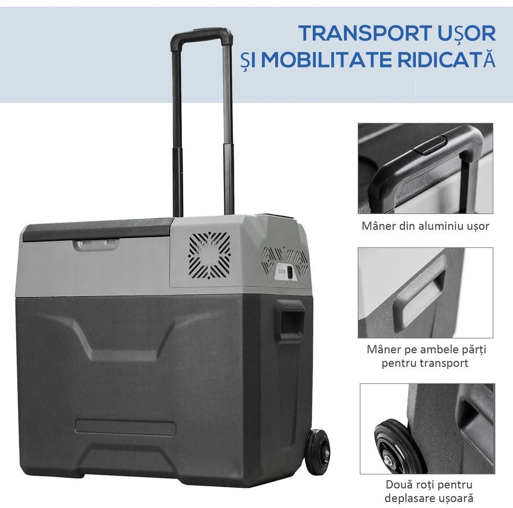 HOMCOM Frigider Auto de 50L cu Panou Touch, Mâner și 2 Roți, 58.6x37.8x54.5 cm, Gri | Aosom Romania