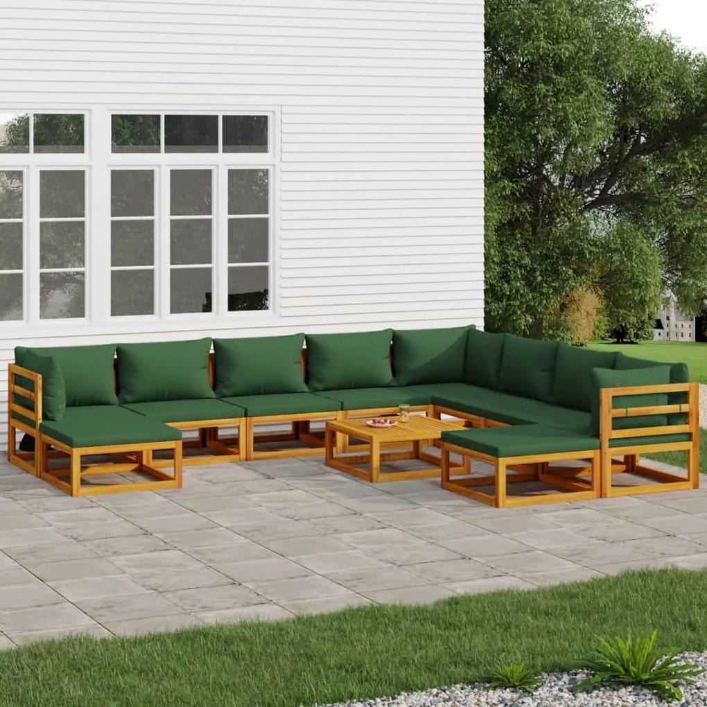 3155324 vidaXL Set mobilier grădină cu perne verzi, 11 piese, lemn masiv pin