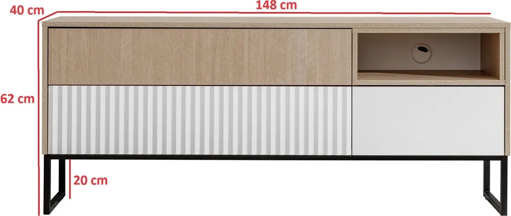 Comodă TV Bliwon 148 cm cu sertare - herringbone scandi/alb mat