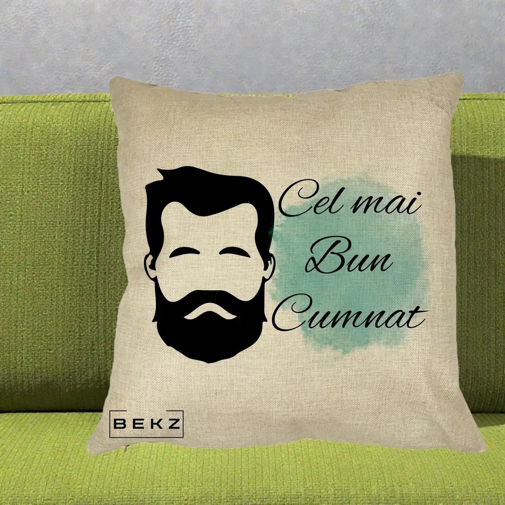 Cadou pentru Cumnat - Perna Personalizata Cel mai Bun Cumnat cu Portret Barbat si Pete Teal, 40x40 cm, Crem, Husa Detasabila, Perna Inclusa, BEKZ®