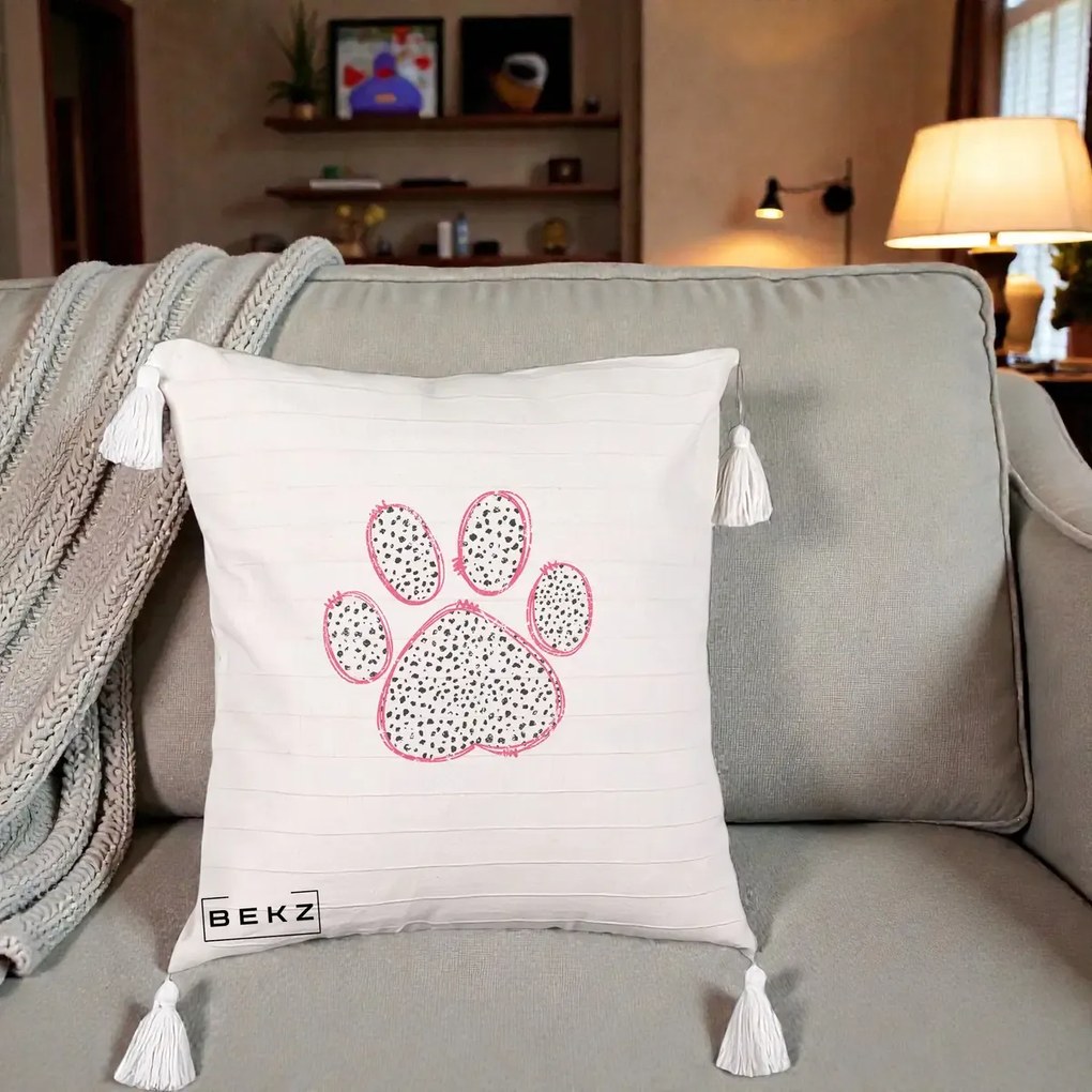 Perna Personalizata Labuta Dalmatian Roz Neon, 40x40 cm, Bej cu Franjuri, Husa Detasabila, Perna Inclusa, BEKZ®