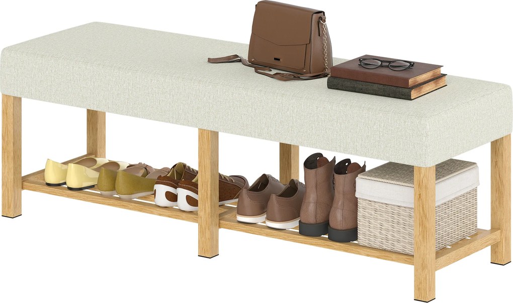 HOMCOM Bancă pentru pantofi din lemn masiv de 140 cm, bancă modernă de hol cu șezut tapițat pentru două persoane, lemn natural și Alb-crem | Aosom Romania