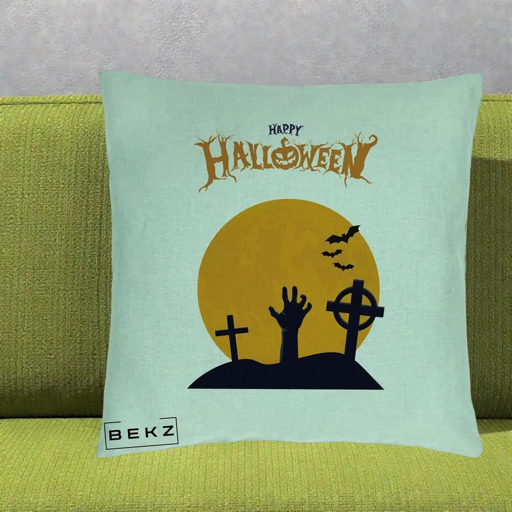 Perna Decorativa Happy Halloween Cimitir cu Luna, 40x40 cm, Verde Menta, Husa Detasabila, Perna Inclusa, BEKZ®