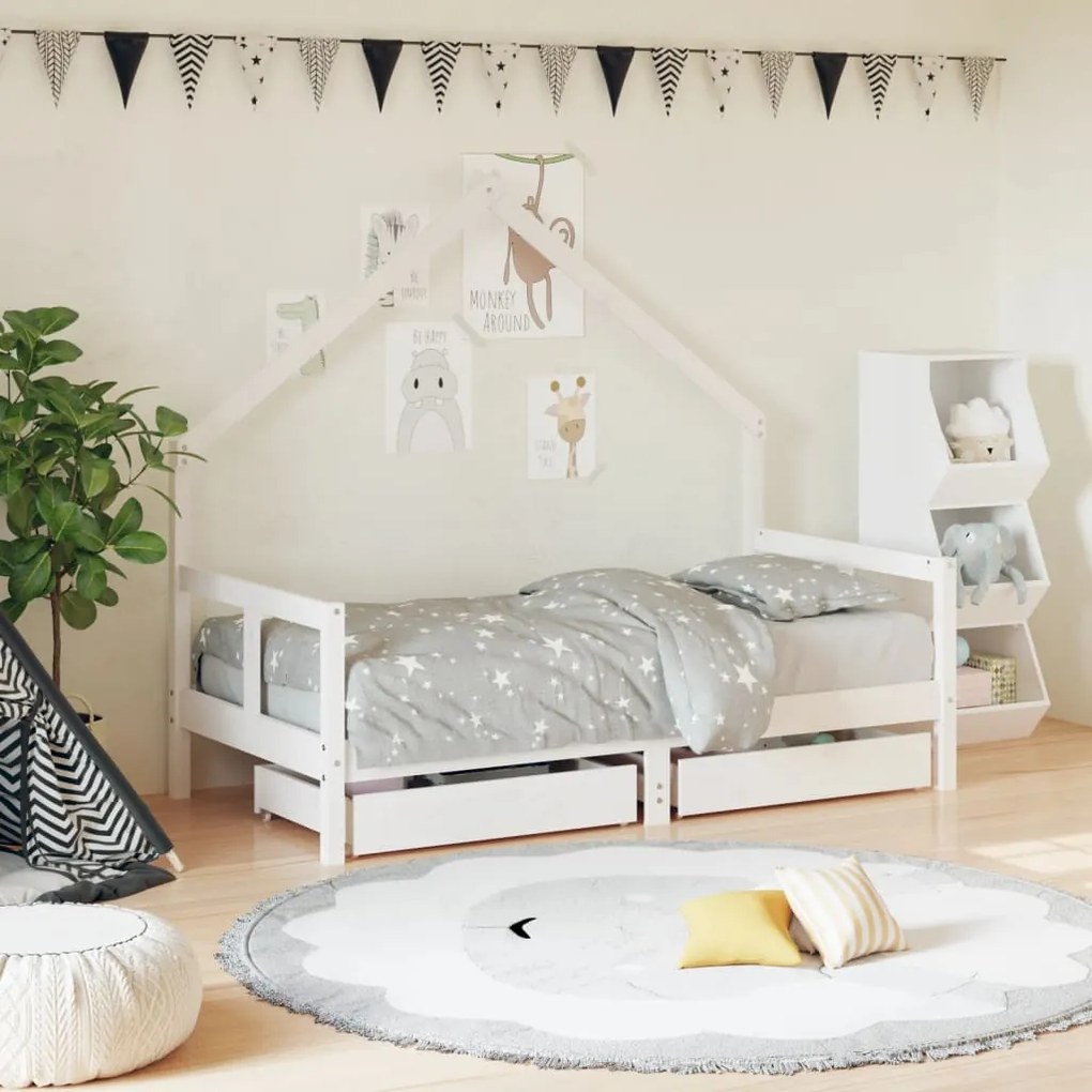 Cadru de pat copii cu sertare, alb, 80x160 cm, lemn masiv pin
