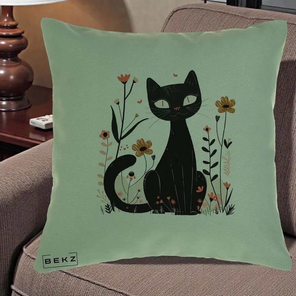 Perna Decorativa Pisica Neagra Flori Pastel Folk, 40x40 cm, Verde, Husa Detasabila, Perna Inclusa, BEKZ®