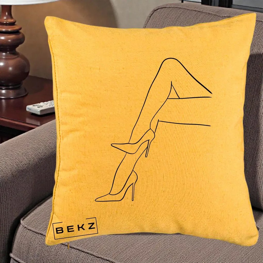 Perna Decorativa Picioare cu Tocuri Line Art, 40x40 cm, Galben, Husa Detasabila, Perna Inclusa, BEKZ®