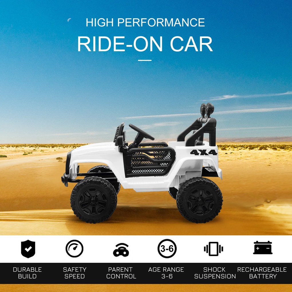 HOMCOM Masina Electrica pentru Copii Jeep Off-Road cu Telecomanda, 2 Viteze 3-5km/h, 100x65x72 cm, Alb | Aosom Romania