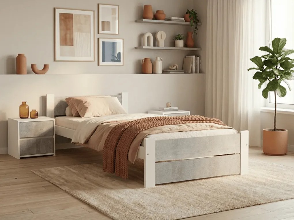 Pat de o persoana IKAROS DOUBLE 90 x 200 cm, beton/alba Saltele: Cu saltele Somnia 18 cm, Somiera pat: Fara somiera