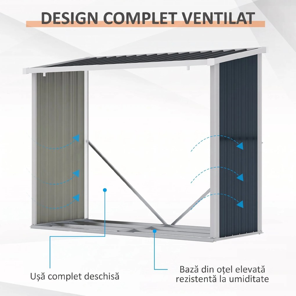 Outsunny Suport exterior pentru lemne, din oțel galvanizat, cu bază înălțată și acoperiș înclinat, 1,34 m², gri închis | Aosom Romania