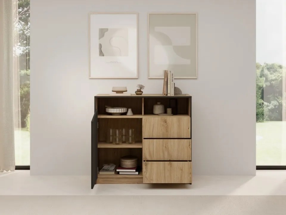 Comodă cu usa si trei sertare, 100x40x91 cm, Atson, ADRK Furniture (Culoare: Stejar / Negru)