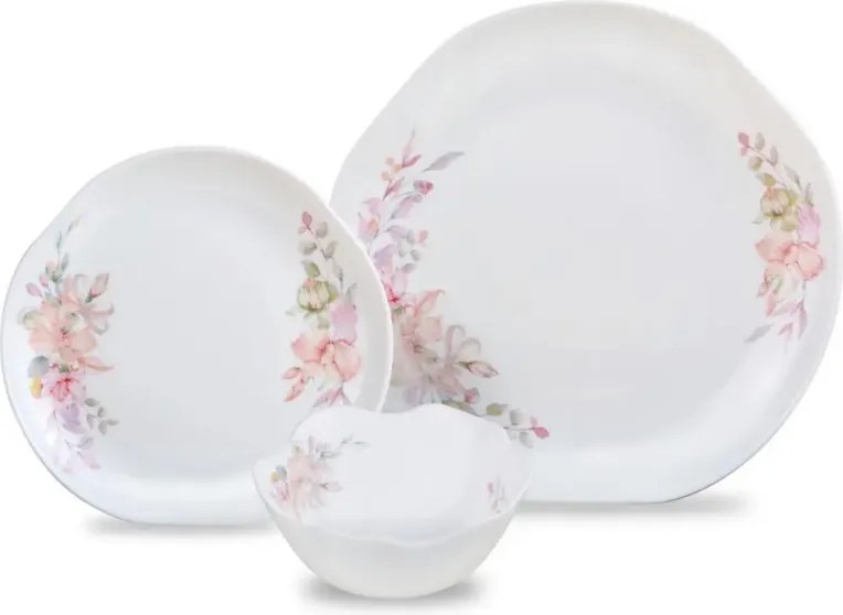 Set de masă Kinghoff KH 2035, 18 piese, pentru 6 persoane, sticlă opală, motiv floral, alb