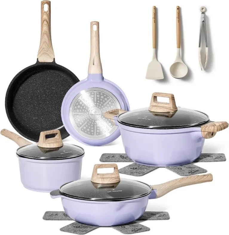 Set de oale si tigai Just Perfecto JL-34, 13 piese, Aluminiu, Acoperire din marmura, Capace din sticla cu orificiu pentru abur, Fara PTFE si PFOA, Inductie, Violet/bej