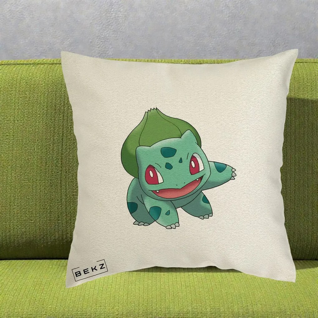 Perna Personalizata Bulbasaur Pokemon, 40x40 cm, Ecru, Husa Detasabila, Perna Inclusa, BEKZ®