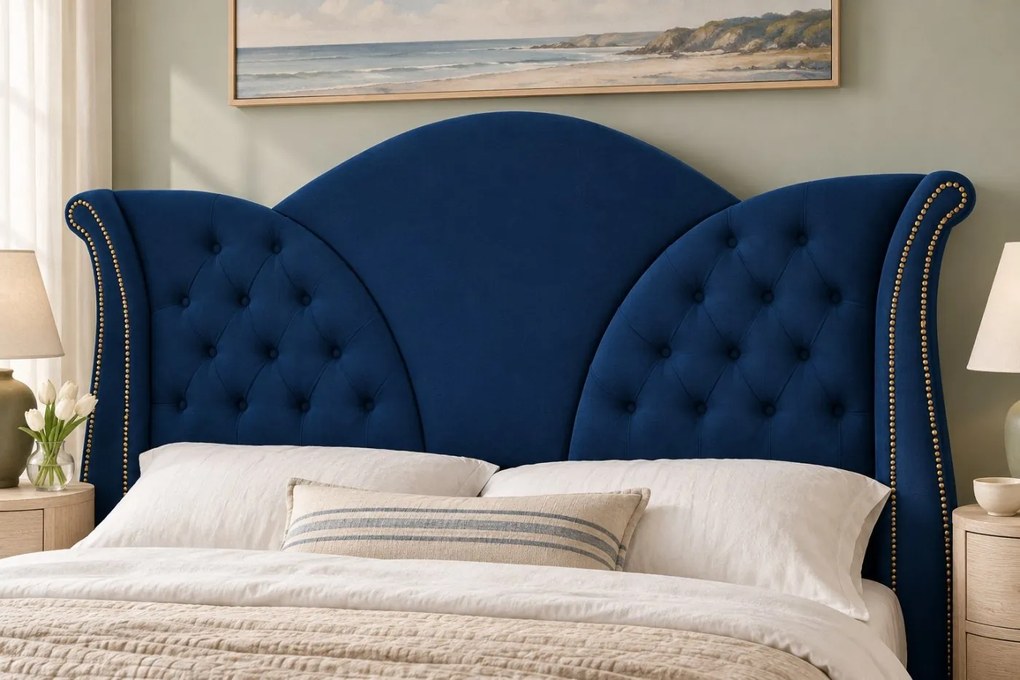 Pat tapițat Chesterfield din catifea Velora 160×200 cm, bleumarin, cu ladă de depozitare