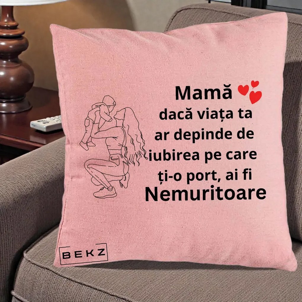 Cadou pentru Mama - Perna Personalizata Mama Nemuritoare Portret Graphic, 40x40 cm, Roz, Husa Detasabila, Perna Inclusa, BEKZ®