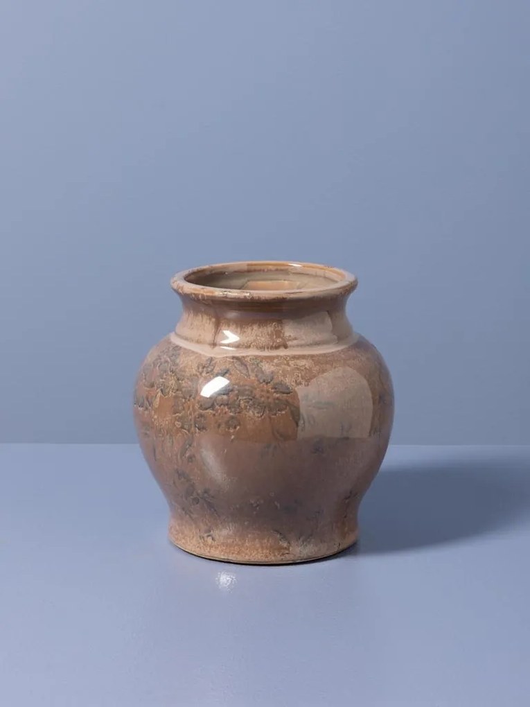 Vază din ceramică artizanală roz cu decor botanic, finisaj lucios, 16×16 cm, „Rosaire"