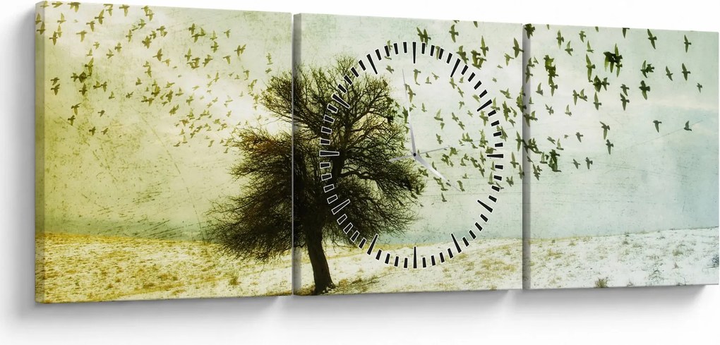 Tablou - cu multe păsări pictate (cu ceas) (90x30 cm)