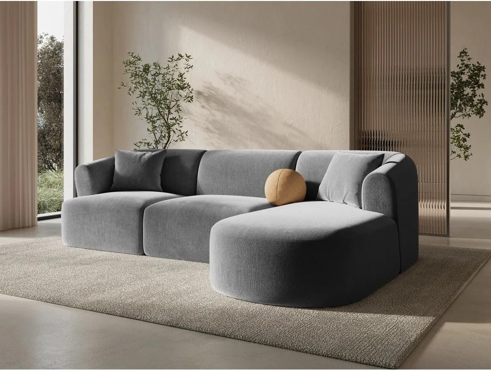 Colțar gri deschis cu tapițerie din catifea (cu colț pe partea dreaptă/cu șezlong) Campi – Cosmopolitan Design