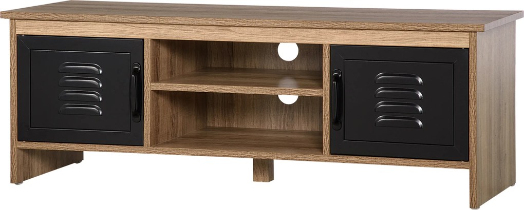 HOMCOM Comodă TV 110 cm, Design Industrial, cu 2 dulapuri, 2 nișe, 2 orificii pentru cabluri, Aspect lemn cu vene, Uși metal negre | Aosom Romania