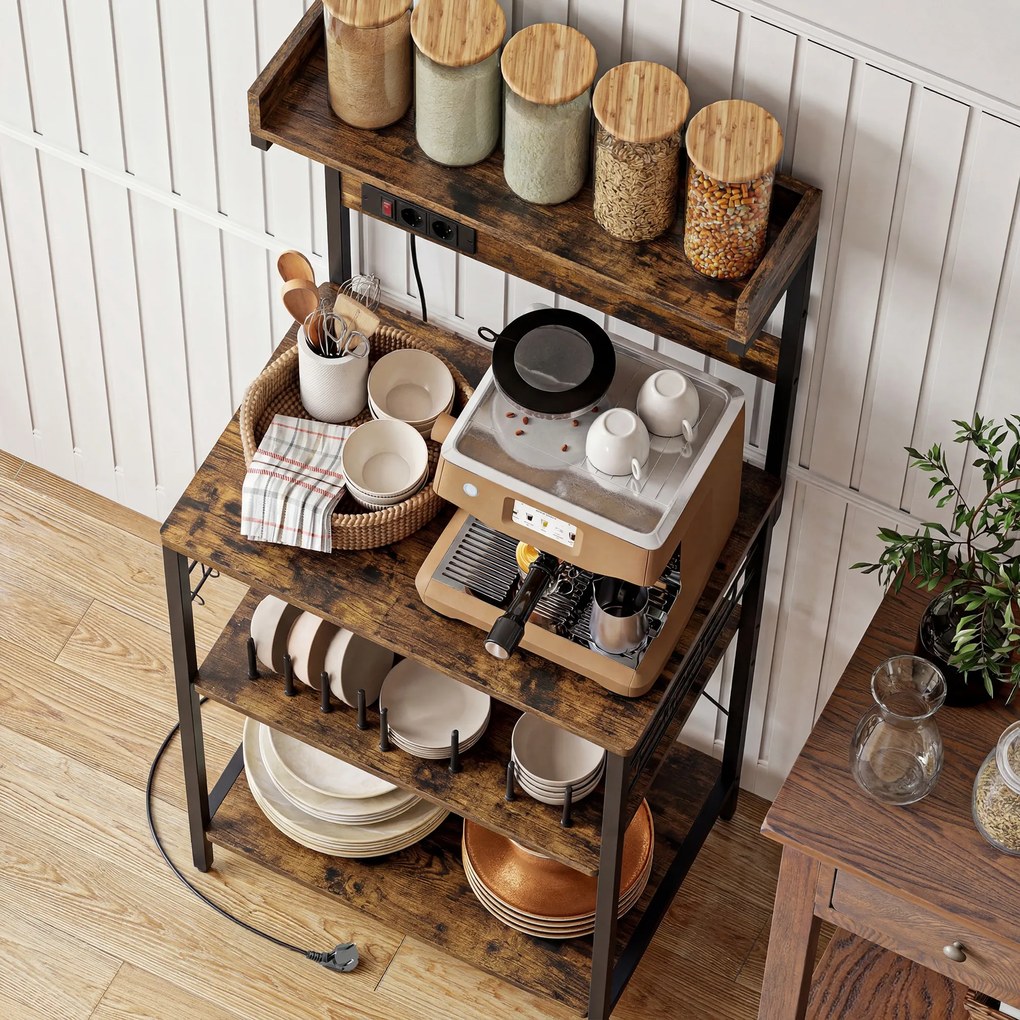 HOMCOM Estantería de Cocina con 2 Tomacorrientes Estante para Microondas Estante Ajustable Ganchos 60x42x137 cm Marrón Rústico | Aosom Romania