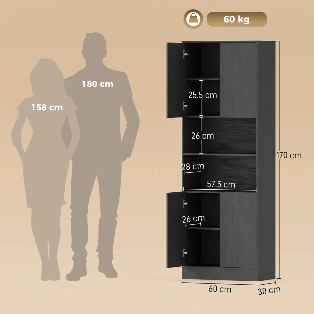 HOMCOM Cămară de bucătărie 170 cm, dulap cu raft reglabil, negru aspect lemn | Aosom Romania