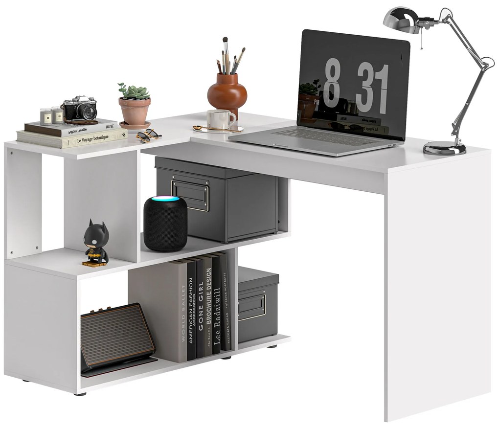 HOMCOM Birou Modern de Colț pentru Birou cu 4 Rafturi din Lemn, Alb, 120x100x77 cm | Aosom Romania