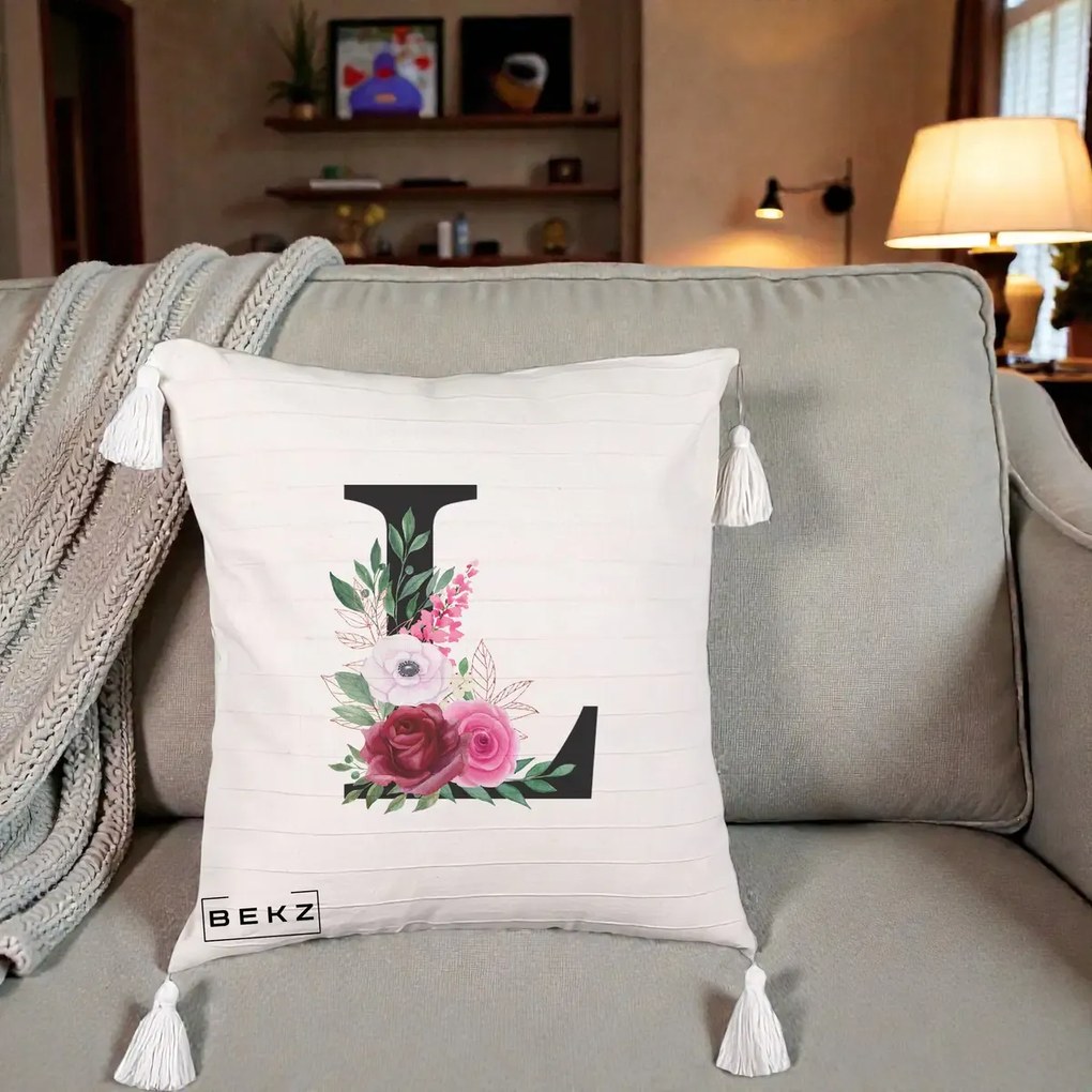 Cadou Personalizat - Perna Personalizata Monograma Florala Litera L, 40x40 cm, Bej cu Franjuri, Husa Detasabila, Perna Inclusa, BEKZ®