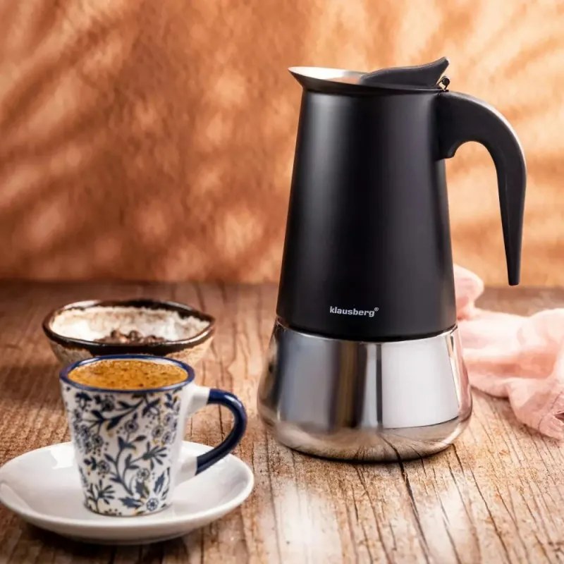 Cafetiera moka Klausberg KB 7847, 12 cesti, 600 ml, Otel inoxidabil, Inductie, Negru/Inox