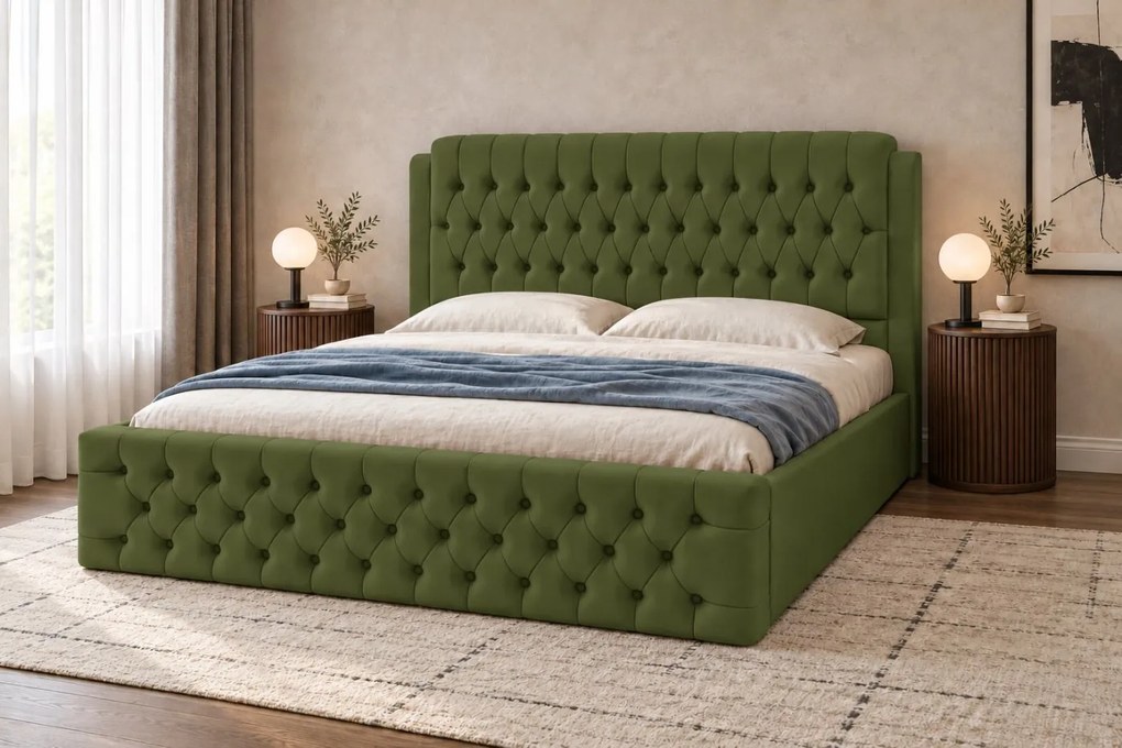 Pat tapițat din catifea Aveline 160×200 cm, kaki, cu ladă de depozitare