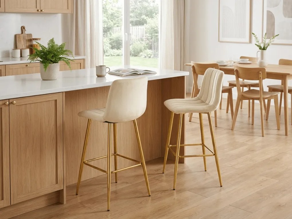 Scaun de bar POZZA VELVET cu picioare aurii, crem