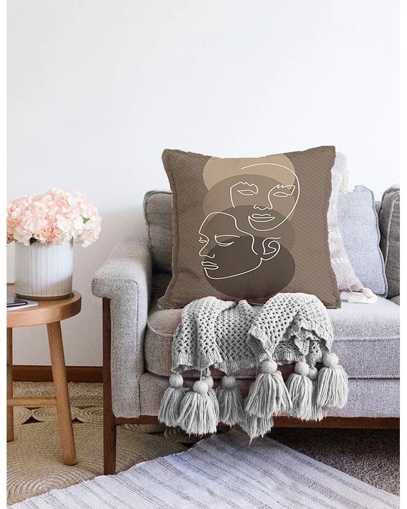 Față de pernă din amestec de bumbac Minimalist Cushion Covers Faces, 55 x 55 cm, bej