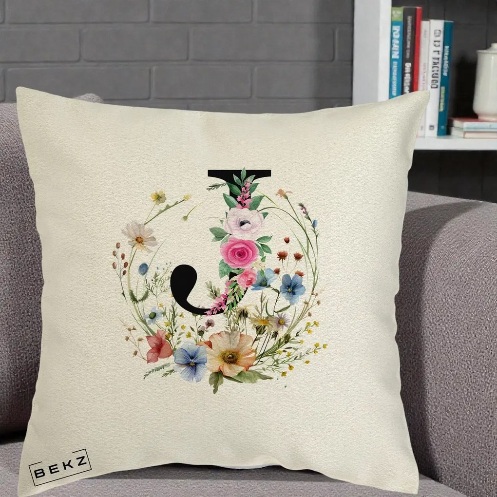 Cadou Personalizat - Perna Personalizata Monogram Litera J cu Flori Acuarela, 40x40 cm, Ecru, Husa Detasabila, Perna Inclusa, BEKZ®